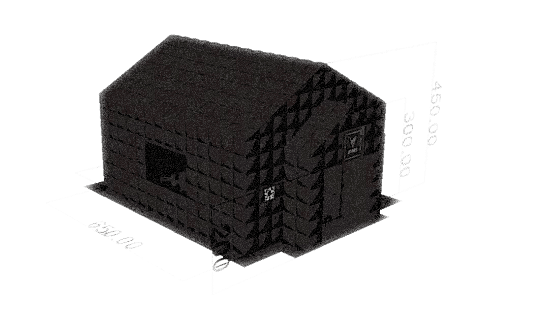 Picture of a 3D sketch of the VIRES inflatable nightclub. A 3D model shows the dimensions of the tent, which are 6.5m in length, 5.5m in width, and 4.2m in height.